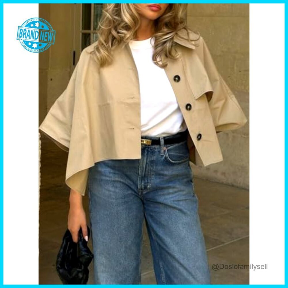 Oversized Cropped Trench Coat Single Breasted 3/4 Cape Sleeve Chic Outerwear - Picture 3 of 7